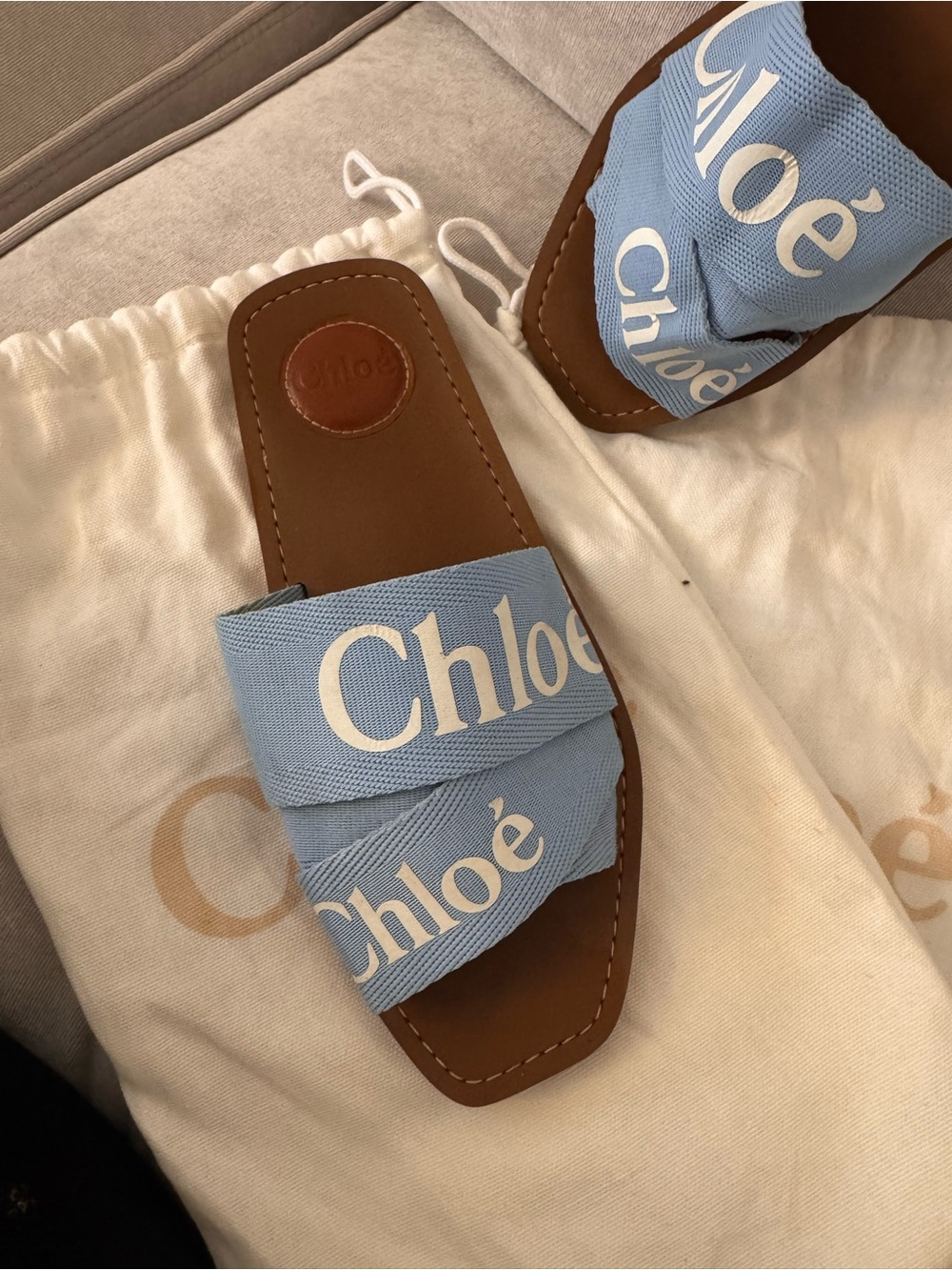 Chloé Blue Logo Ribbon Leather Slide Sandals - Picture 3 of 7